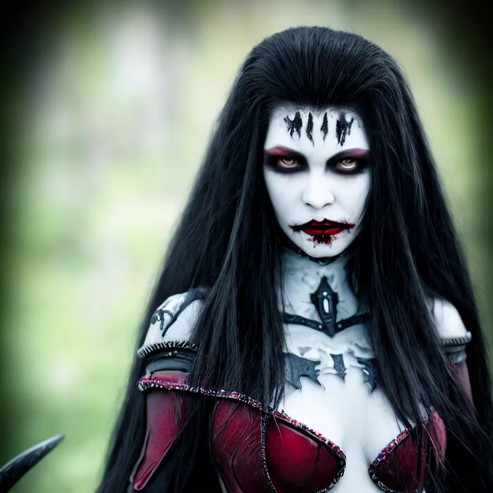 Prompt: portrait photograph of a real - life beautiful vampire queen warrior. extremely detailed. dslr. standard lens. 5 0 mm.