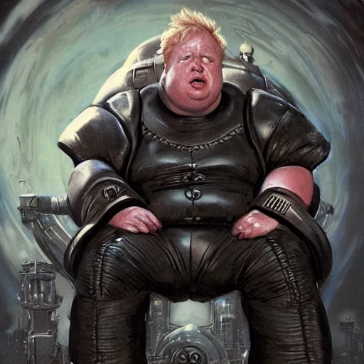 Prompt: boris johnson as baron harkonnen wearing a leather spacesuit and sitting on a throne flanked by dark priestesses, by normal rockwell and greg staples and craig mullins, science fiction character concept art, artstation - H 832