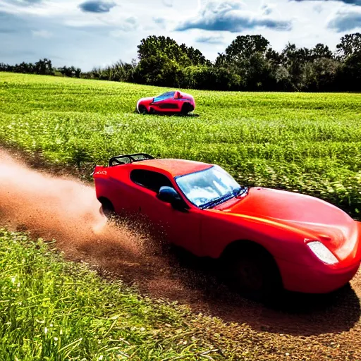 Image similar to award winning photo of a mole driving a red off road car through a field