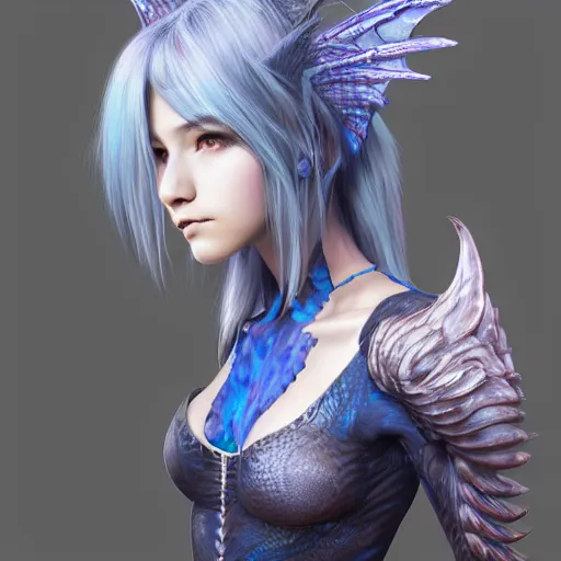 Prompt: portrait of young girl half human half dragon, dragon skin, dragon wings, blue hair, long hair, highly detailed 3D render, 8k, rpg concept art character, jrpg character, manga, anime, video game character, concept art, by Yoshitaka Amano