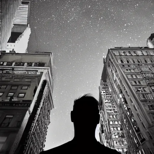 Image similar to man looking at the sky in new york square, night time, filmic, dramatic, night vision, wide angle, vignette, monochrome, 4 k, 8 k, sad, nightlight, cinematic lighting, insanely detailed and intricate, hypermaximalist, elegant, ornate, hyper realistic, super detailed