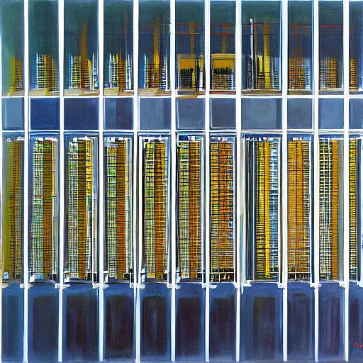 Image similar to a painting by Wayne Thiebaud inside of a high end data center on fire by Wayne Thiebaud