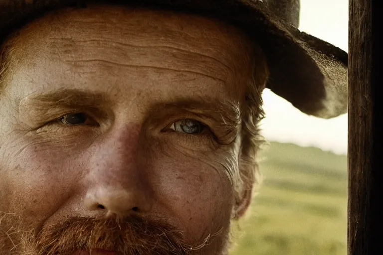 Prompt: a cinematic headshot portrait of a farmer, stood outside a wooden cabin, movie still, ultra realistic, dramatic lighting, by annie leibovitz