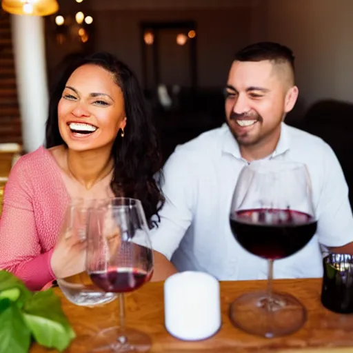 Prompt: a wife that is happy with her husband while he drinks wine. He has a mid fade haircut.