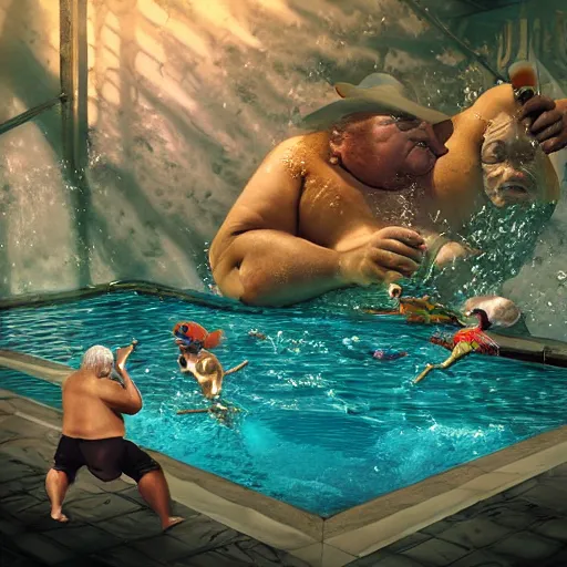 Prompt: photo, ugly old fat man and his strong handsome 5 3 8 2 8 friend hunting monsters inside a swimming pool, highly detailed, scary, volumetric lighting