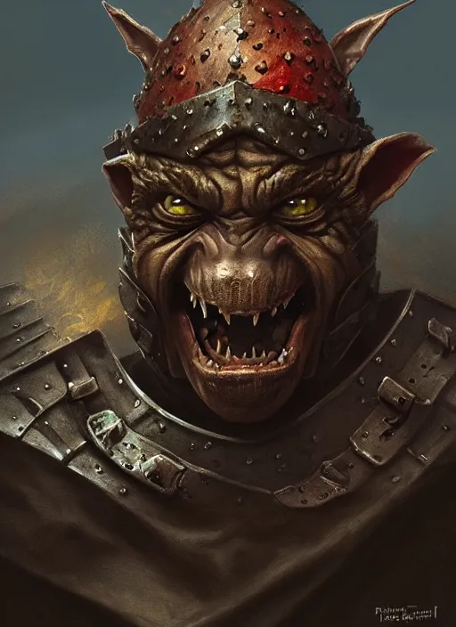 Image similar to portrait of an angry medieval goblin in the armor, beautiful face, hyper realistic, highly detailed, digital painting, artstation, illustration, concept art by hyung tae and frank frazetta, digital paint, matte paint, washed colors, eating cakes, dark, gloomy, foggy