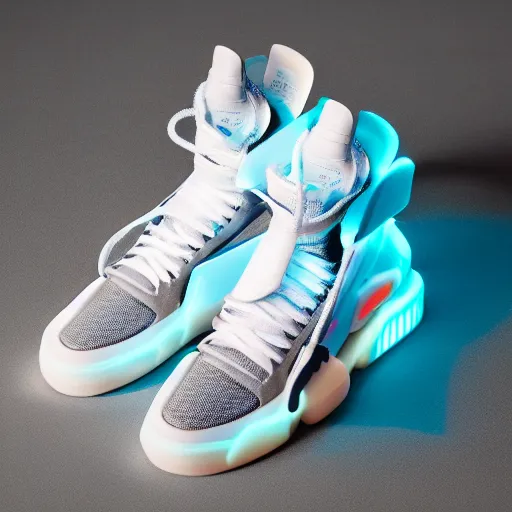 Image similar to a studio photoshoot of Nike Air Mag x Off-white sneakers designed by Virgil Abloh, leather and transparent knitted mesh material, glowing light outsole, realistic, color film photography by Tlyer Mitchell, 35 mm, Graflex