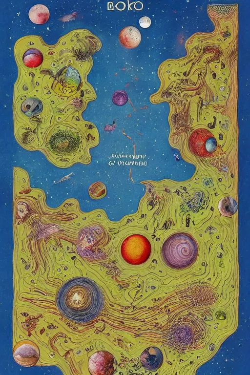 Image similar to a book open to a map of another galaxy, in the style of the codex seraphinianus