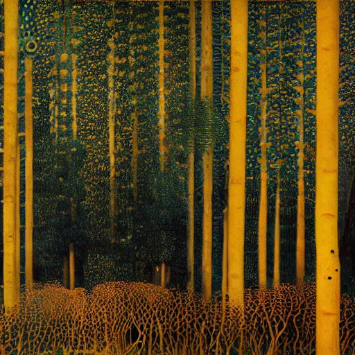 Image similar to a dark foggy golden blue forest, eerie, pulsating , Ernst Haeckel, Klimt, Henri Rousseau, film still by wes anderson