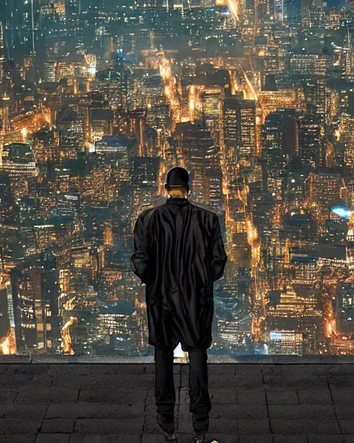 Prompt: a night rooftop scene, light from traffic in the city below, close up shot of a photorealistic gangster wearing a streetwear trench coat looking at the city below, cyberpunk theme, unreal engine, hyper realism, realistic shading, cinematic composition, realistic render, octane render, detailed textures, by Liam Wong