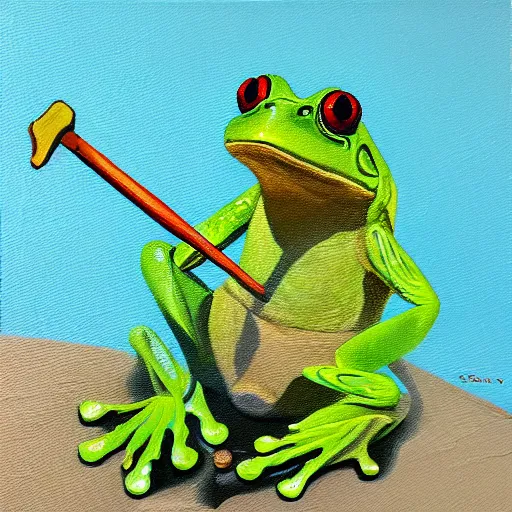 Image similar to frog with a sword, oil painting