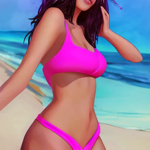 Image similar to beautiful pink gamer girl in a bikini on the beach drawn by artgerm