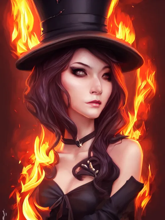 Prompt: full portrait of a dark fantasy female pyromancer, smug, skintight dress, top hat, finesse, key visual, realistic shaded perfect face, fire, fine details, forest background, smooth, highly detailed, digital illustration, by artgerm, rossdraws, frank franzzeta