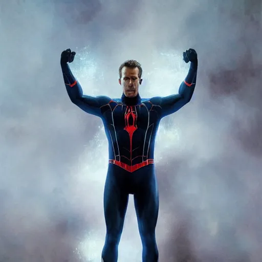 Image similar to ryan reynolds as a black and blue suit spider - man, cinematic, volumetric lighting, f 8 aperture, cinematic eastman 5 3 8 4 film, photorealistic by greg rutkowski, by stanley artgerm, by alphonse mucha