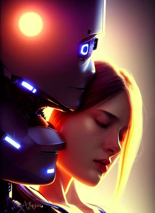 Image similar to ultra realistic close - up of a 3 d render beautiful couple of robots kissing, cyberpunk, sci - fi, fantasy, kodak, flare, octane render, colour led, soft light, volumetric lighting, night, intricate, highly detailed, digital painting, concept art, smooth, sharp focus, illustration, art by artgerm and greg rutkowski and alphonse mucha