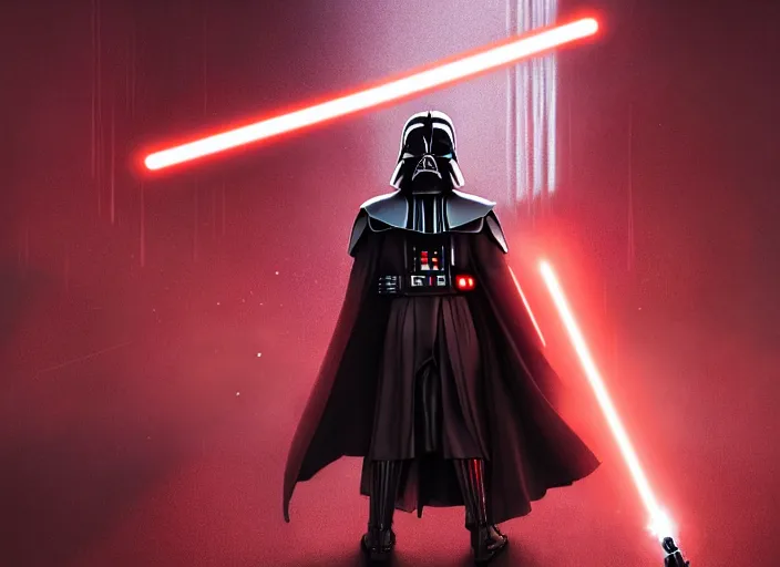 Image similar to a dramatic highly detailed render of darth vader with red lightsaber drawn facing a cute toddler with its back to the camera, futuristic star wars vibe, by WLOP and Artgerm and Greg Rutkowski and Alphonse Mucha, Beautiful dynamic dramatic dark moody lighting, shadows, cinematic atmosphere, Artstation, concept design art, Octane render, 8K, masterpiece, sharp focus, hyperrealistic