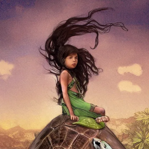 Prompt: a little warrior girl sitting on top of a giant turtle that is walking in the desert, seen from a distance. the girl is fully visible and has dark skin and beautiful green eyes, realistic full body and a very beautiful detailed face with long black hair. diffuse light, dramatic sky and landscape, fantasy illustration by mucha h 7 6 8