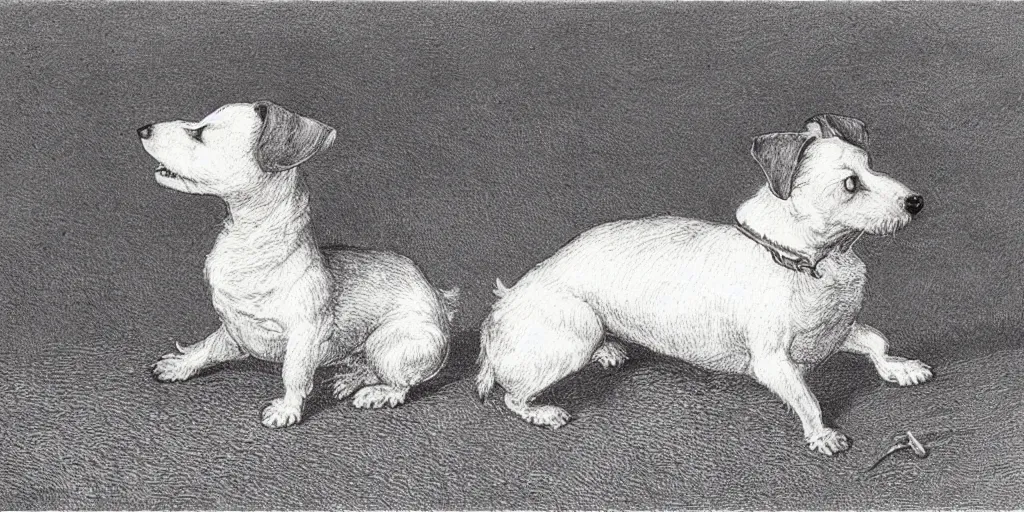 Image similar to jack russel dog, highly detailed, side view, eyes closed head facing the sky, illustrated by peggy fortnum and beatrix potter and sir john tenniel