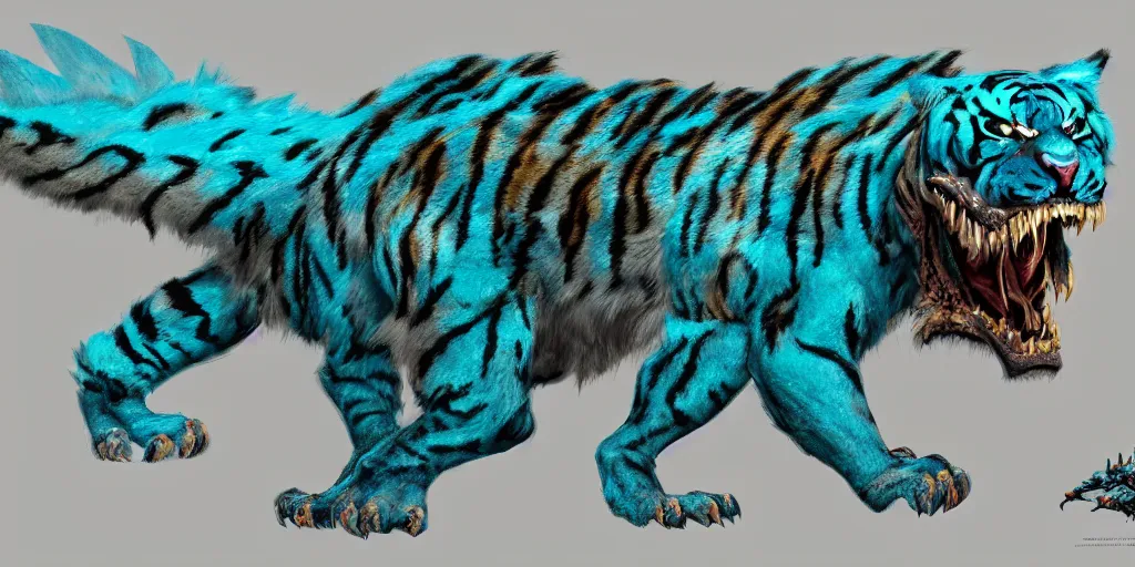 Image similar to Ghostly tiger creature made out of turquoise energy character design sheet, Monster Hunter Illustrations art book, Bright sparks, claws, huge sabertooth fangs, Moebius, Greg Rutkowski, Zabrocki, Karlkka, Jayison Devadas, Phuoc Quan, trending on Artstation, 8K, ultra wide angle, zenith view, pincushion lens effect.