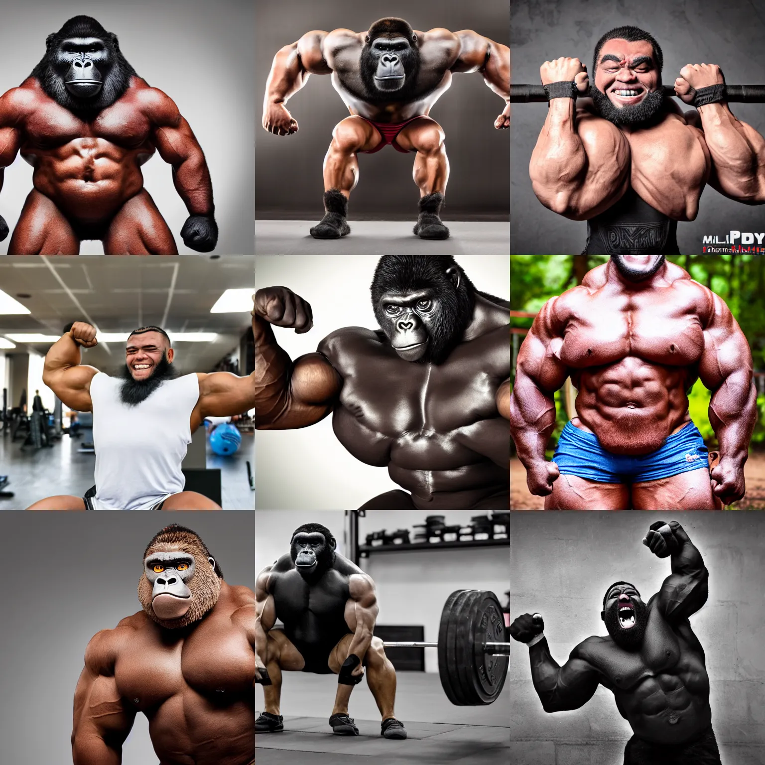 Prompt: powerlifter gorilla flexing his arms and smiling mischeviously at the camera, photography, high definition, detailed