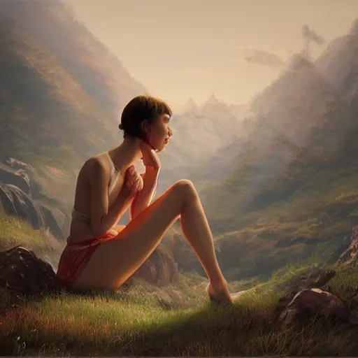 Image similar to a beautiful scenic painting by artgerm and wlop and mark romanek and spike jonze