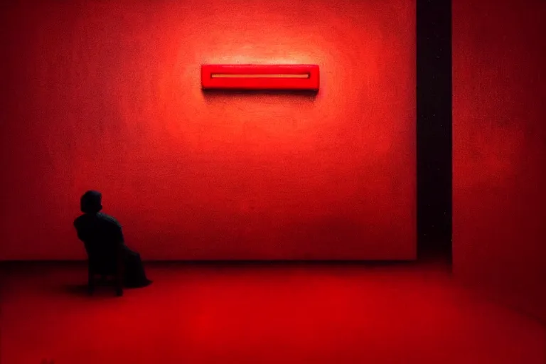 Prompt: only with red, netflix studios with workers, a big mickey mouse head in the middle of the room, in the style of beksinski, parts by edward hopper, parts by rodcenko, parts by yue minjun, intricate and epic composition, red by caravaggio, insanely quality, highly detailed, masterpiece, red light, artstation, 4 k