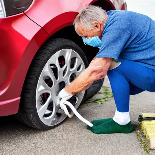 Prompt: 6 0 year old man wearing face mask and socks on his hand, changing the tire of a kia picanto, afternoon