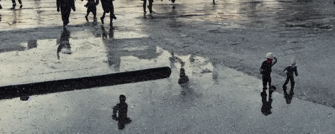 Prompt: several tiny men running into a storm drain, twilight, reflections on wet pavement