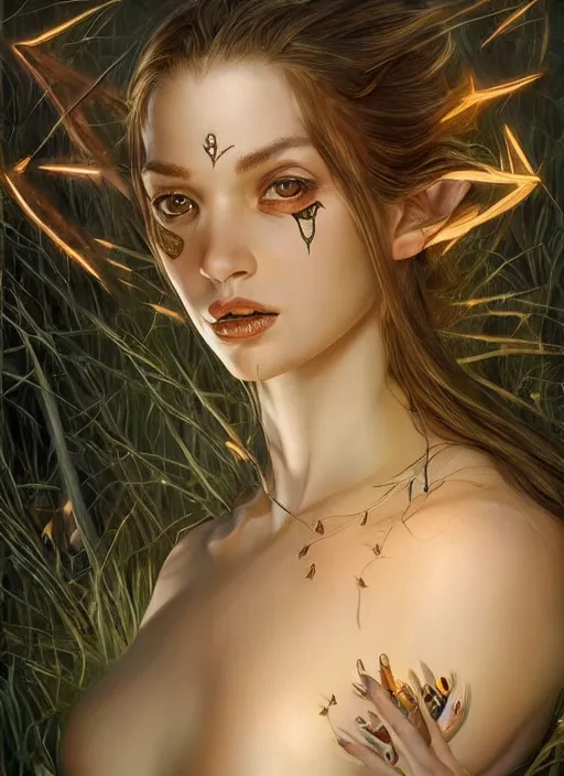 Image similar to a highly detailed symmetrical painting of a female druie with piercing beautiful eyes in forest meadow, dynamic lighting, ambient lighting, trending on artstation, art by artgerm and karol bak and mark brooks