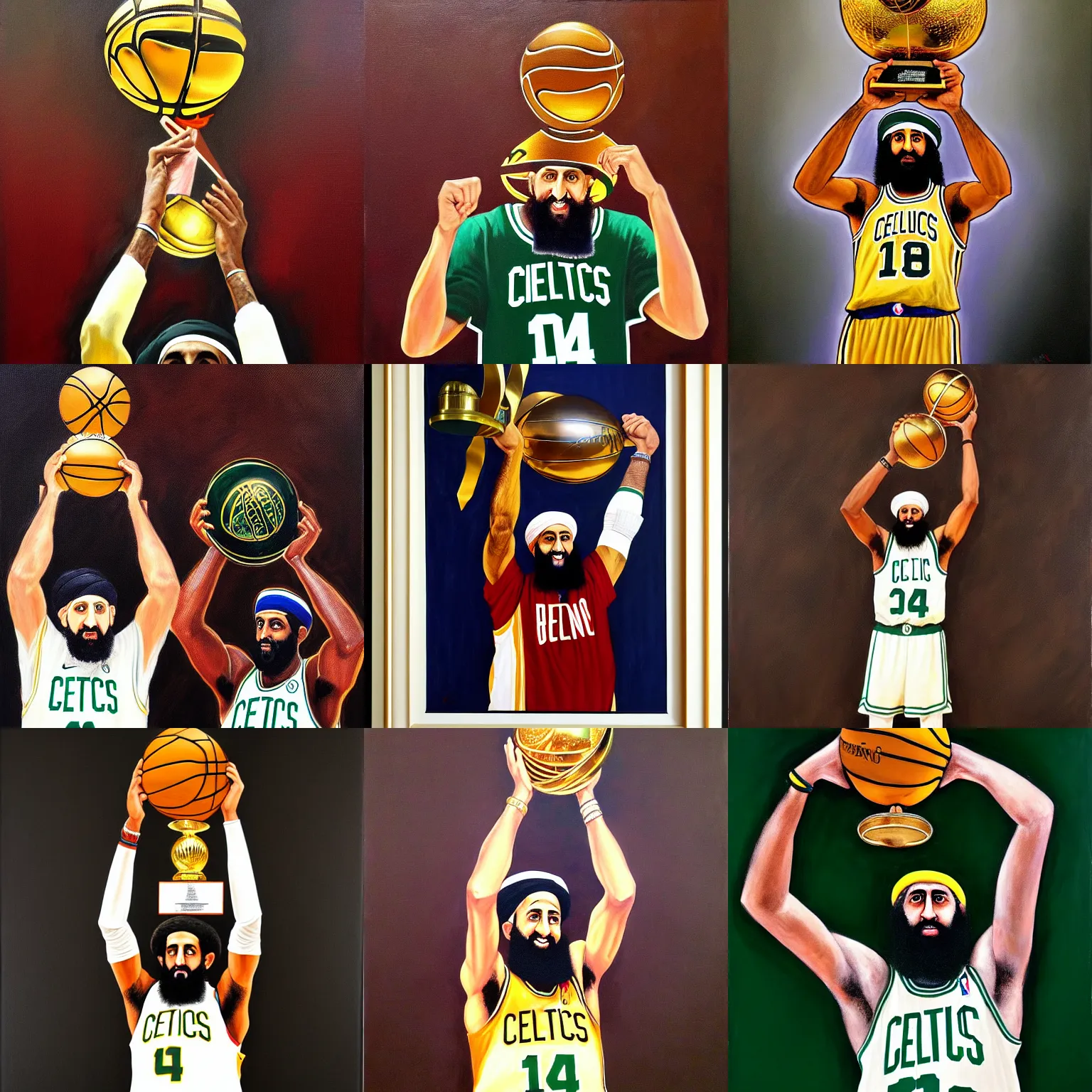 Prompt: portrait of osama bin laden lifting larry o'brien trophy, celtics, nba, oil on canvas by william sidney mount, trending on artstation n 9