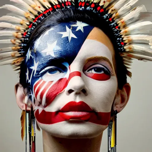 Image similar to a beautiful portrait sculpture designed by Sandra Chevrier, american indian headdress, American stars and stripes on face, by Annie Leibovitz