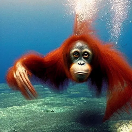 Prompt: deep sea footage of an orangutan captured by an rov, underwater photograph