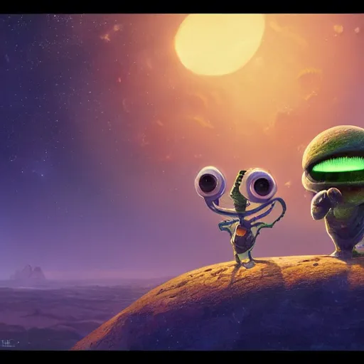 Image similar to masterpiece artwork of cute alien planet with cute aliens on it, au naturel, hyper detailed, digital art, trending in artstation, behance, deviantart, cinematic lighting, studio quality, smooth render, unreal engine 5 rendered, octane rendered, art style by pixar dreamworks warner bros disney