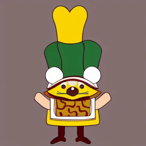 Prompt: cute platypus wearing a chef hat and holding a lasagna with three basil leaves over the lasagna