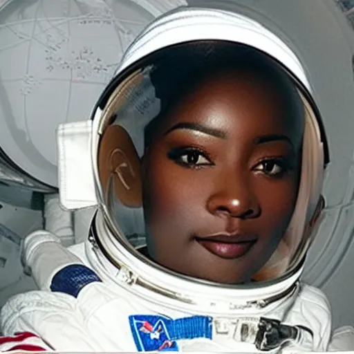 Prompt: “dark skinned astronaut wearing translucent helmet waving at the international space station nigerian woman facial features”