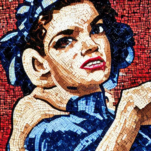 Image similar to a portrait of Rosie the riveter, Roman mosaic