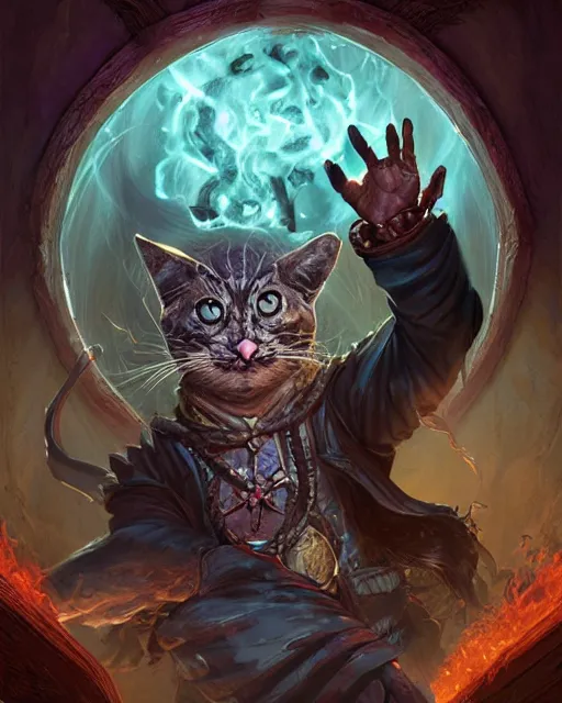 Prompt: Evil Cat Mage, spell, potion, magic the gathering artwork, D&D, fantasy, cinematic lighting, centered, symmetrical, highly detailed, digital painting, artstation, concept art, smooth, sharp focus, illustration, volumetric lighting, epic Composition, 8k, art by Akihiko Yoshida and Greg Rutkowski and Craig Mullins, oil painting, cgsociety