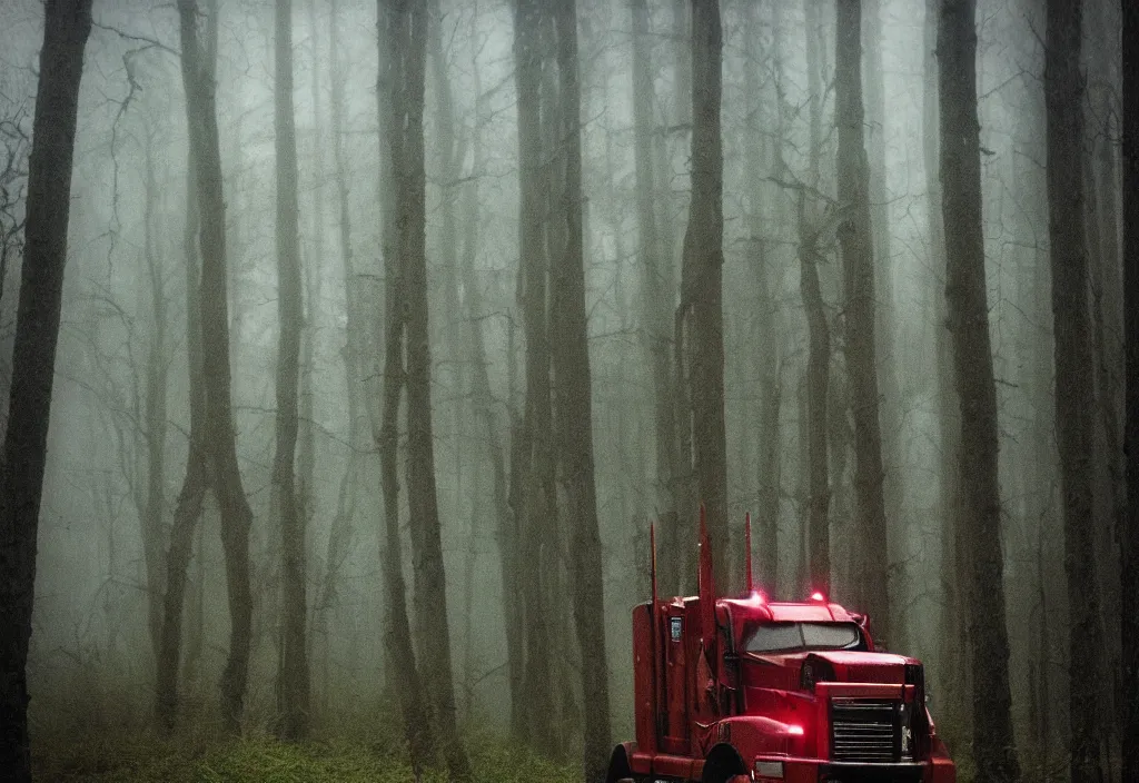 Image similar to low quality iphone photo of g 1 optimus prime standing ominously deep in the foggy woods with a demonic smile in his face, low visibility creepy, grainy, trail cam footage