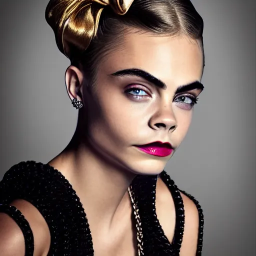 Prompt: portrait of beautiful cara delevingne with a 1 9 3 0 s hairstyle by mario testino, headshot, detailed, award winning, sony a 7 r