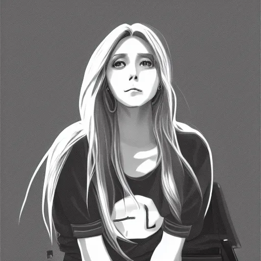 Image similar to Anime portrait of Elizabeth Olsen sitting down on a chair, trending on artstation, 4k, 8k, anime art, anime style