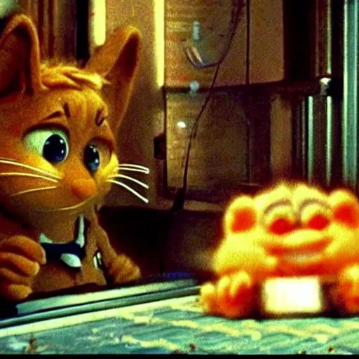 Image similar to garfield in a found footage horror movie, dark, scary