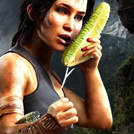 Prompt: Lara croft eating durian, cinematic, ads photo