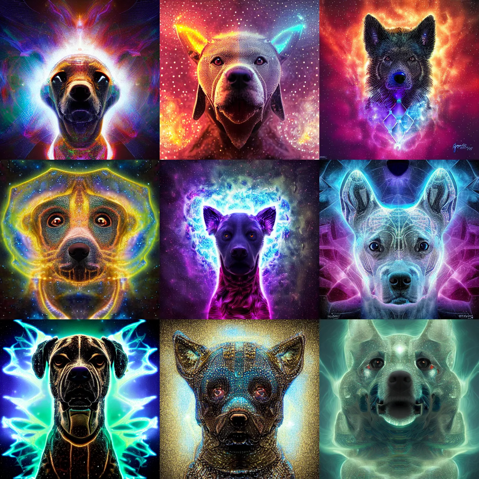Prompt: symmetric! portrait of a cyborg dog, fractal textured fur, subtle glow, intricate detailed, background geometric mosaic of outer space nebula, luminescent digital art by paul barson and artgerm, 8 k hdr