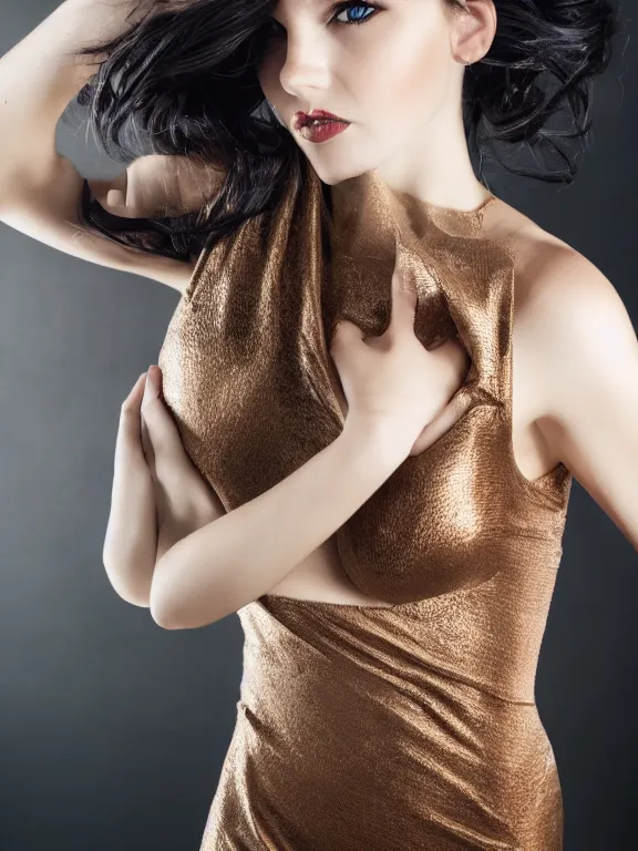 Image similar to hyperdetailed photo of a beautiful ukrainian girl with brown eyes and dark bob hairstyle, winds of winter, in a tight dress, cinematic lighting, studio quality