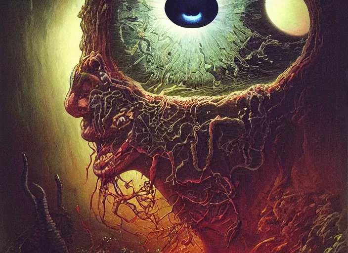 Prompt: a giant floating eye attacking a man in a suburban house garden, fluid, smooth, bright colours, high contrast, sharpness, beautiful, peaceful, very detailed, intricate, volumetric lighting, by giger and corben and moebius and beksinski and bosch and bacon