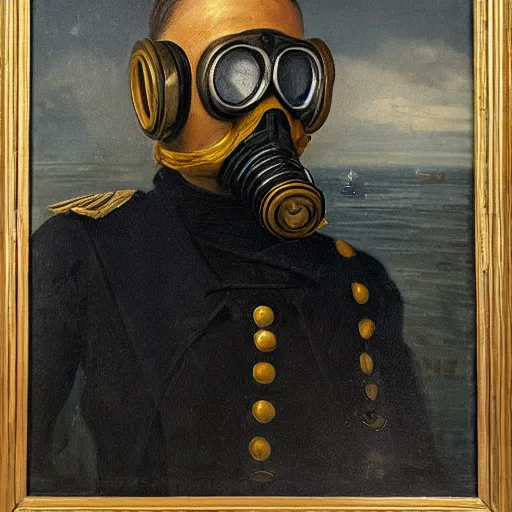 Prompt: an 1800's admiral wearing a gasmask, portrait, oil painting