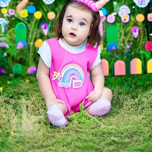 Image similar to Baby girl with unicorn and rainbow clothes sitting in a garden