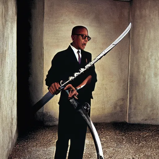 Prompt: Gus Fring with a daedric katana Steve McCurry photograph