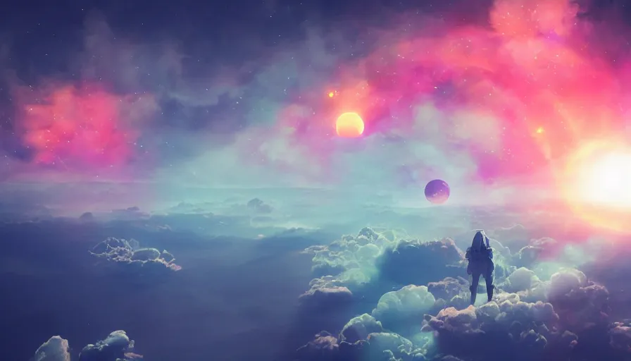 Image similar to hexagon floating in space, colorful clouds below, solar eclipse, matte painting, trending on artstation, realistic, octane render, cinematic, epic