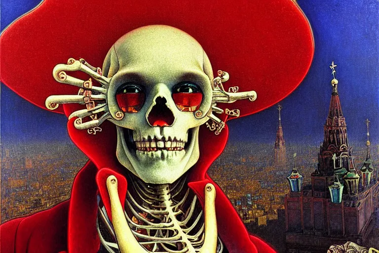 Image similar to realistic detailed closeup portrait painting of a single skeleton wearing red velvet blazer in a crowded futuristic moscow street by Jean Delville, Amano, Yves Tanguy, Alphonse Mucha, Ernst Haeckel, Edward Robert Hughes, Roger Dean, rich moody colours, blue eyes